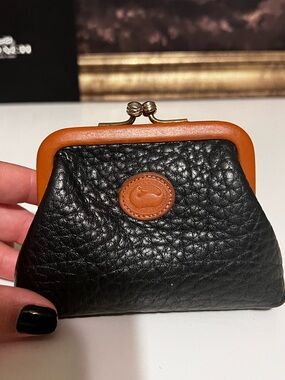Dooney & Bourke Black Pebbled Leather Coin Purse with Tan Trim